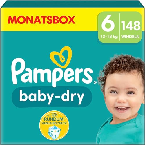 Pampers Windeln Größe 6 (13-18kg) Baby-Dry, Extra Large, MONATSBOX, bis zu 12 Stunden Rundum-Auslaufschutz, 148 Stück
