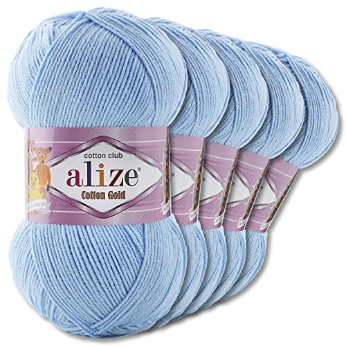 Wohnkult Alize 5 x 100 g Cotton Gold Premium Wolle| 39 Farben Sommerwolle Garn Stricken Amigurumi (728 | Blau)
