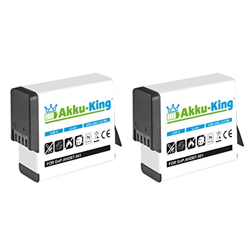 Akku-King 2 x Akku kompatibel mit AHDBT-501 AHDBT-801 - Li-Ion 1250mAh - für GoPro Hero 8, Hero 7 Black, GoPro Hero 6 Black, GoPro Hero 5 Black