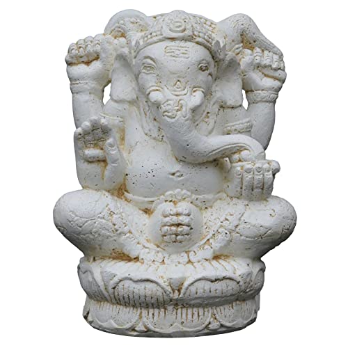 STONE art & more Ganesha Figur Statue, sitzend, 40 cm, weiß antik, Steinfigur, Garten Deko, Steinguss, frostfest