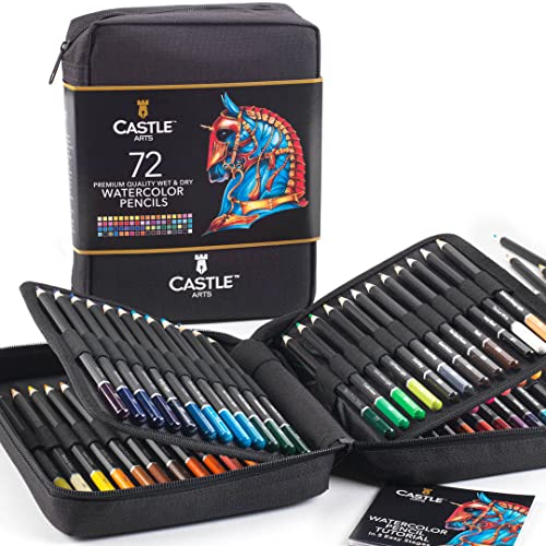 Castle Arts Aquarellstifte-Set mit 72 Aquarellstiften in Reißverschluss-Etui für tolle Ergebnisse Hochwertige Farbkerne mit lebendigen Farben für schöne Mischeffekte mit Wasser Inklusive praktischer Reisetasche