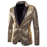 CHRONSTYLE Herren Slim Fit Sakko Blazer Anzugjacke Freizeit EIN-Knopf Pailletten Glitter Anzug Jacke Karneval Kostüm für Hochzeit Party Festlich (Gold, L)