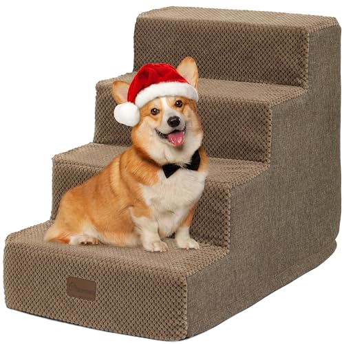 YITAHOME Hundetreppe für Bett und Sofa, 4-stufige Haustiertreppe, Hundetreppe mit waschbarem Bezug, Braun