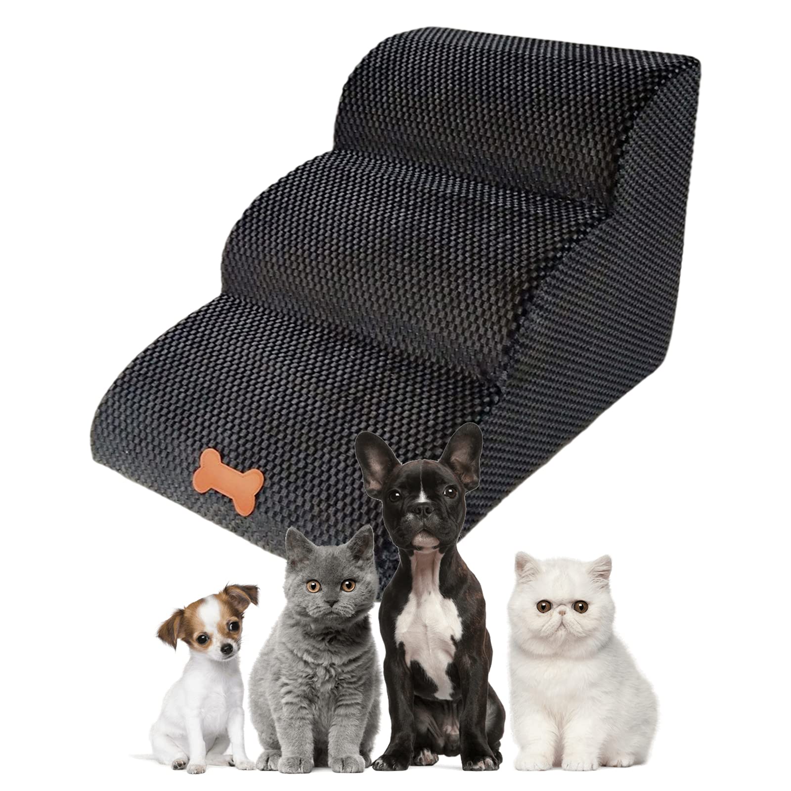 Bounabay Haustiertreppe für kleine Hunde, 3 Stufen für Hunde und Katzen, Bett mit abnehmbarem Bezug, tragbare Hunderampe für Hochbett/Sofa im Innenbereich, hochelastischer Schwamm, bis zu 27 kg