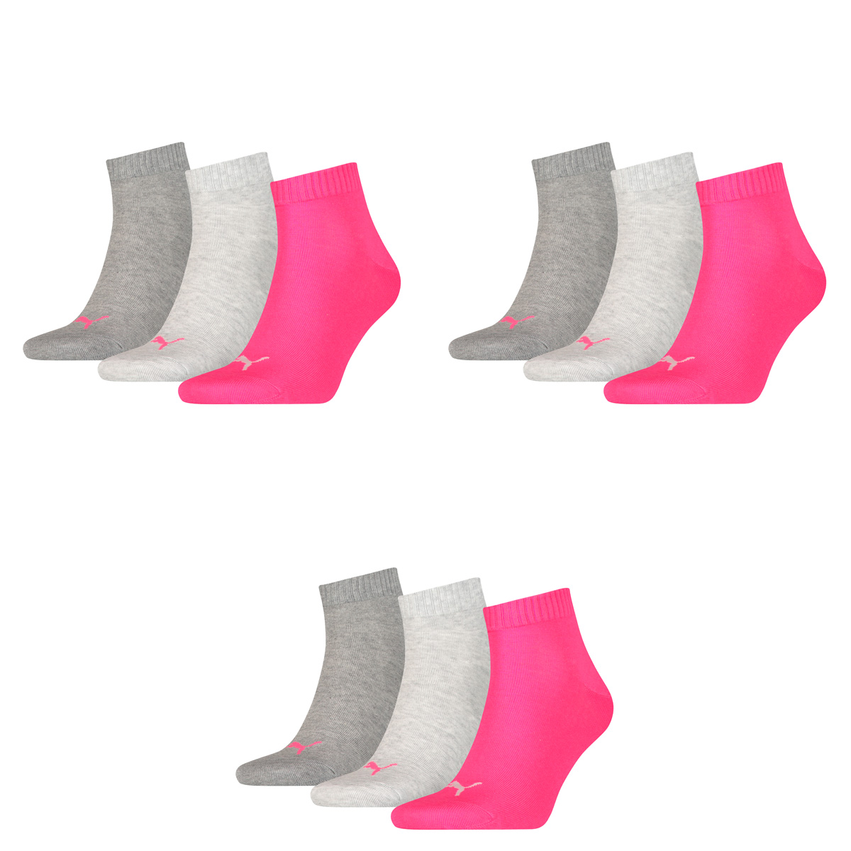 Puma 9 Paar Unisex Quarter Socken Sneaker Gr. 35-49 für Damen Herren Füßlinge, Farbe:656 - middle grey mélange/pink, Socken & Strümpfe:35-38
