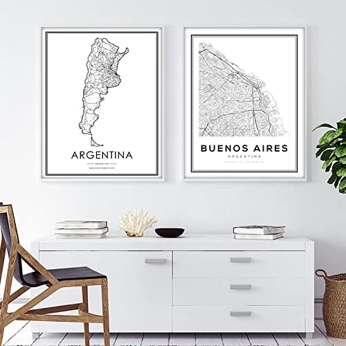 Argentinien Buenos Aires City Road Map Poster und Drucke Schwarz Weiß Moderne minimalistische Wandkunst Leinwand Gemälde Home Decor15.7"x 23.6"(40x60cm)x2 Kein Rahmen