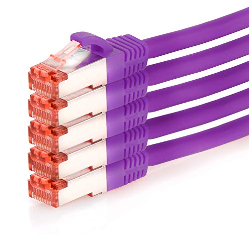 5er Pack TPFNet CAT.6 hochwertiges Premium Netzwerkkabel mit RJ45 Anschluss | LAN Kabel | 5m | violett |mehrfache Abschirmung durch S/FTP | kompatibel mit Router, Modem, Switch