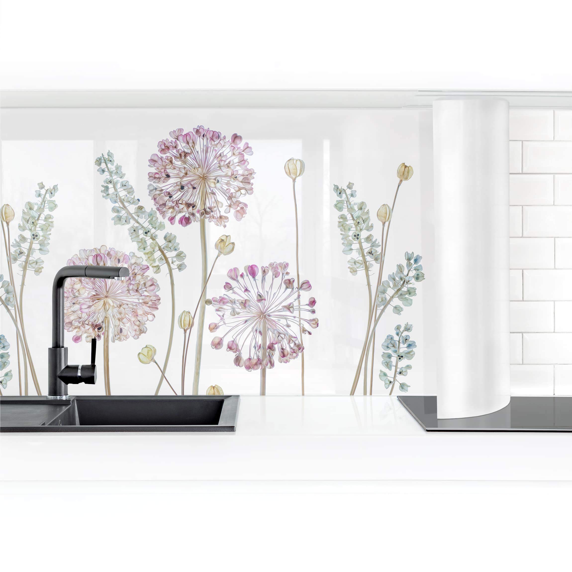 Bilderwelten Küchenrückwand Folie Glänzend 80x300 cm Allium Illustration I Spritzschutz Fliesenspiegel Küche-Rückwand Motiv Klebefolie