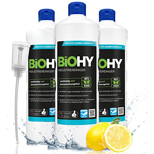 BiOHY Industriereiniger (3x1l Flasche) + Dosierer | niedrigschäumender Schmutzbrecher | entfernt Fette und Öle auf allen wasserfesten Oberflächen | geeignet für den Industrie- und Werkstattbereich