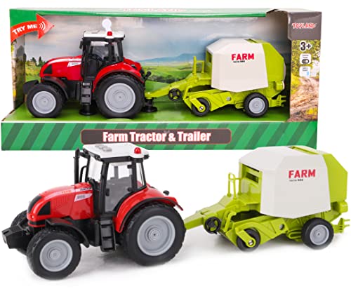 Toyland® 37cm Red Tractor & Baler - Mit Lichtern & Sound - Farmspielzeug