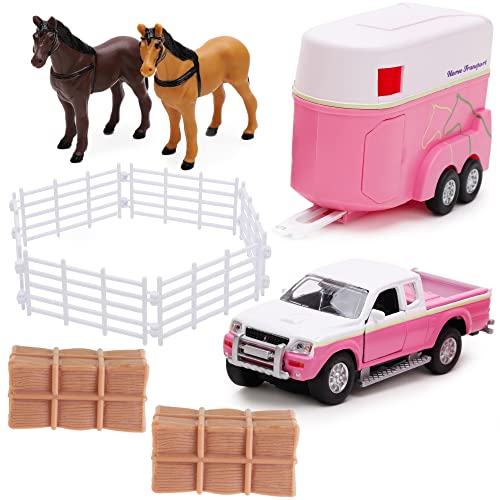 Toyland® Pink Truck & Pink Horse Box – Bauernhof-Spielset – 2 Pferde, 2 Ballen und Zaun inklusive – Metalldruckguss
