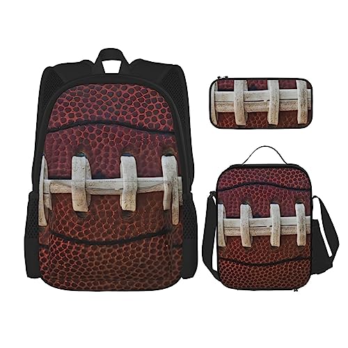 PartyUnix American Football Laces Prints Rucksack 3-teilig Schultasche mit Lunchbox und Federmäppchen Set - Geeignet für Jungen und Mädchen, Schwarz , Einheitsgröße, Kinderrucksack