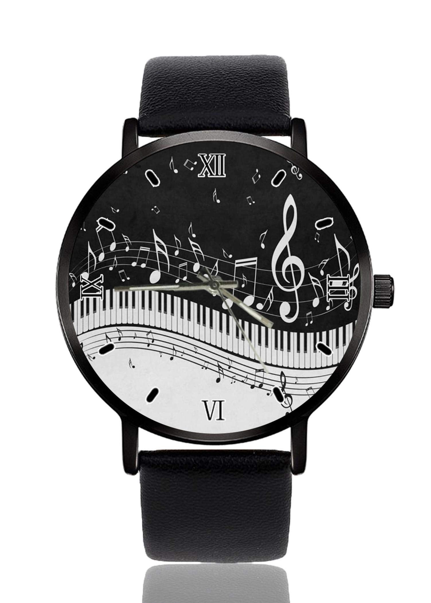 Armbanduhr für Damen und Herren, personalisierbar, leger, schwarzes Lederband, Unisex Klaviermusik