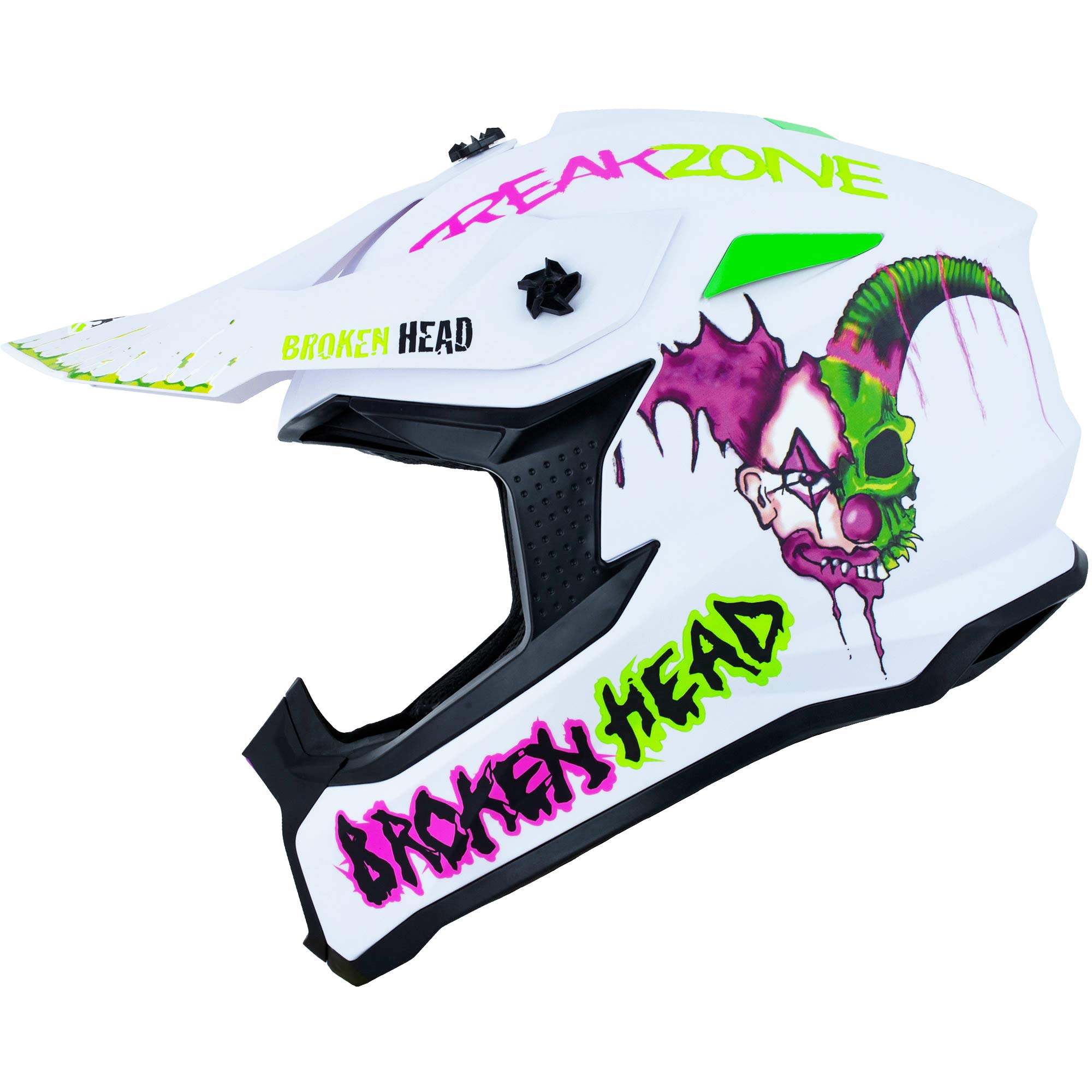 Broken Head FreakZone Motocross-Helm Weiß-Grün-Pink matt – Cross-Helm – MX – Quad – Supermoto (XS 53-54 cm)