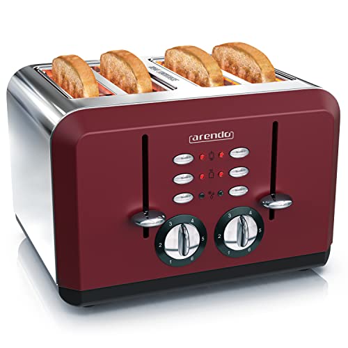 Arendo - Automatik Toaster 4 Scheiben - Edelstahlgehäuse - bis zu vier Sandwich und Toast-Scheiben - Bräunungsgrad 1-6 - Aufwärm- und Auftaufunktion - Krümelschublade - GS-zertifiziert - rot