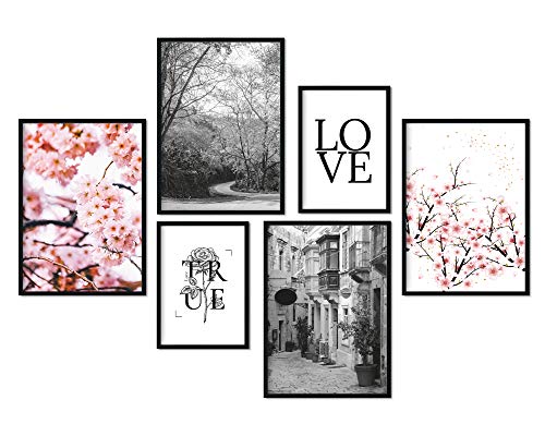 bilderreich Premium Poster Set Deko Bilder Wohnzimmer Modern | Schlafzimmer Bild für die Wand | ohne Rahmen | 4X DIN A3 und 2X DIN A4| Kirschblüten