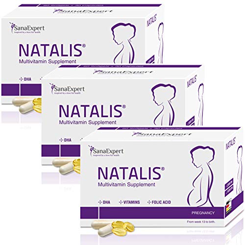 SanaExpert Natalis Vitamine für die Schwangerschaft mit 700 µg DHA Omega-3 Folsäure Eisen, 90 Kapseln, 3-Monatspackung