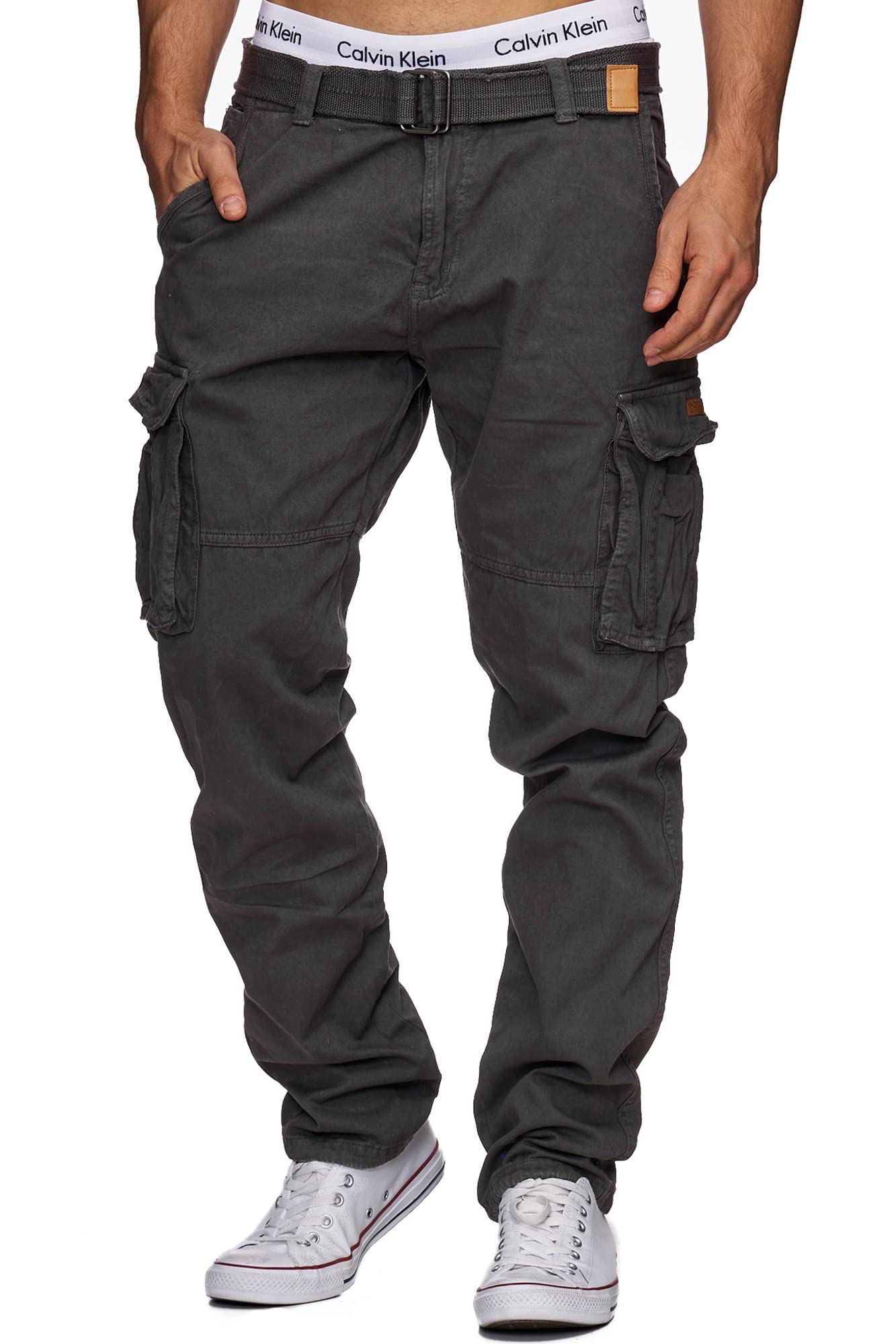 Indicode Herren William Cargohose aus Baumwolle m. 7 Taschen inkl. Gürtel | Outdoorhose Raven S