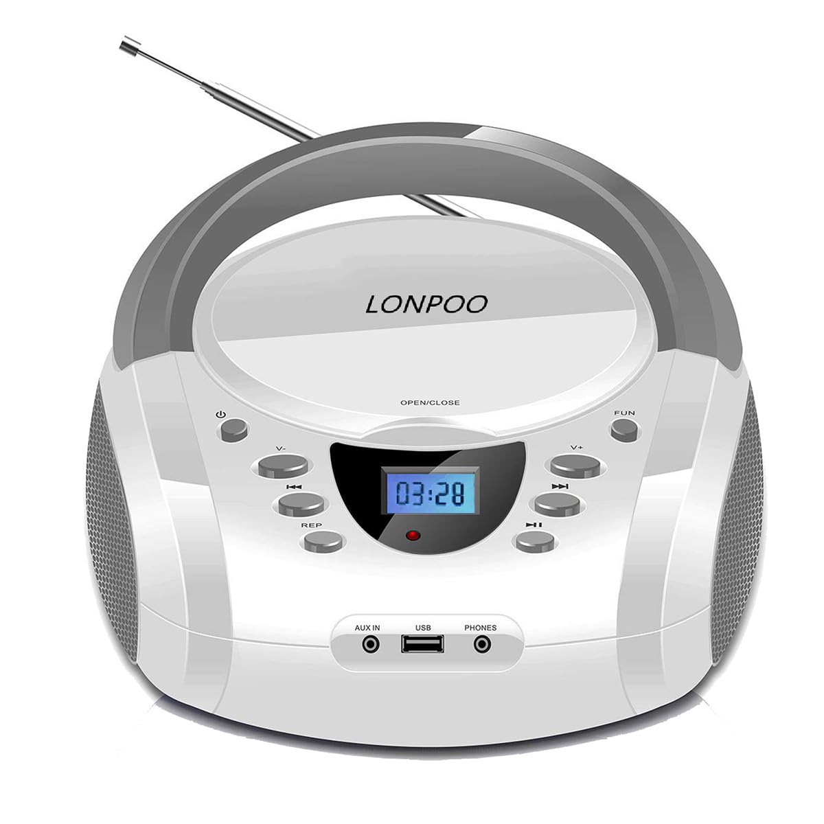 Tragbarer CD-Player (Weiß), LP-D01 Boombox mit Bluetooth | FM Radio | AUX-IN | Kopfhöreranschluss | USB-Eingang | CD-Radio| Faltbarer Tragegriff