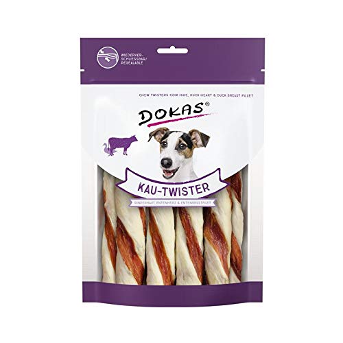 DOKAS Kau-Twister mit Rinderhaut, Entenherz & Entenbrustfilet - Getreidefreier Premium Snack für Hunde aus Rinderhaut und Ente - 1 x 200g