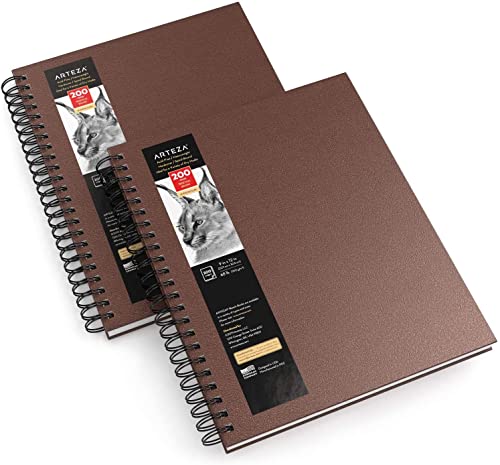 Arteza Skizzenbuch mit Spiralbindung 2er-Pack je 100 Blatt, 22.9 x 30.5 cm, Skizzenblock in Braun, 100 GSM, Hardcover-Sketchbook für Bleistifte, Kohle, Kugelschreiber, Wachsmalstifte