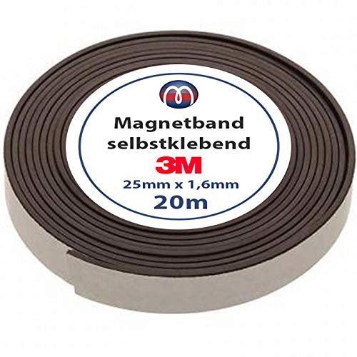 Magnetband Magnetstreifen selbstklebend mit 3M Kleber 1,6mm x 25mm x 20m - starker 3M-Kleber auf der Rückseite, optimale Haftkraft - 1 Rolle