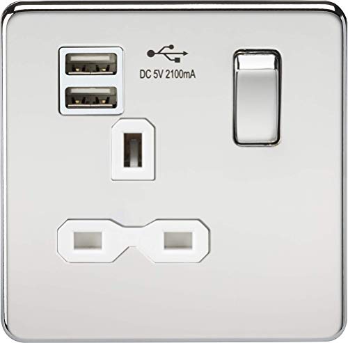 Knightsbridge sfr9901pcw 13 A 1 G Schraube weniger Chrom poliert Switched Sockel mit weißem Einsatz und Dual USB Ladegerät – Silber