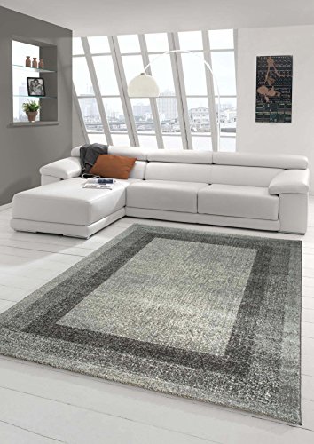 Designer Teppich Moderner Teppich Wohnzimmer Teppich Velours Kurzflor Teppich mit Winchester Bordüre in Grau Creme Größe 120x170 cm