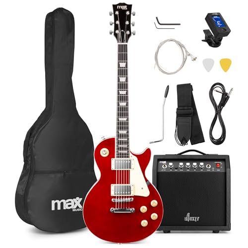 Max GigKit LP Style E Gitarre, E Gitarren Set mit Gitarrenverstärker, Tasche, Plektrum, Stimmgerät, Instrumentenkabel, Ersatzsaiten, Gitarrengurt, 22 Bünde - Rot