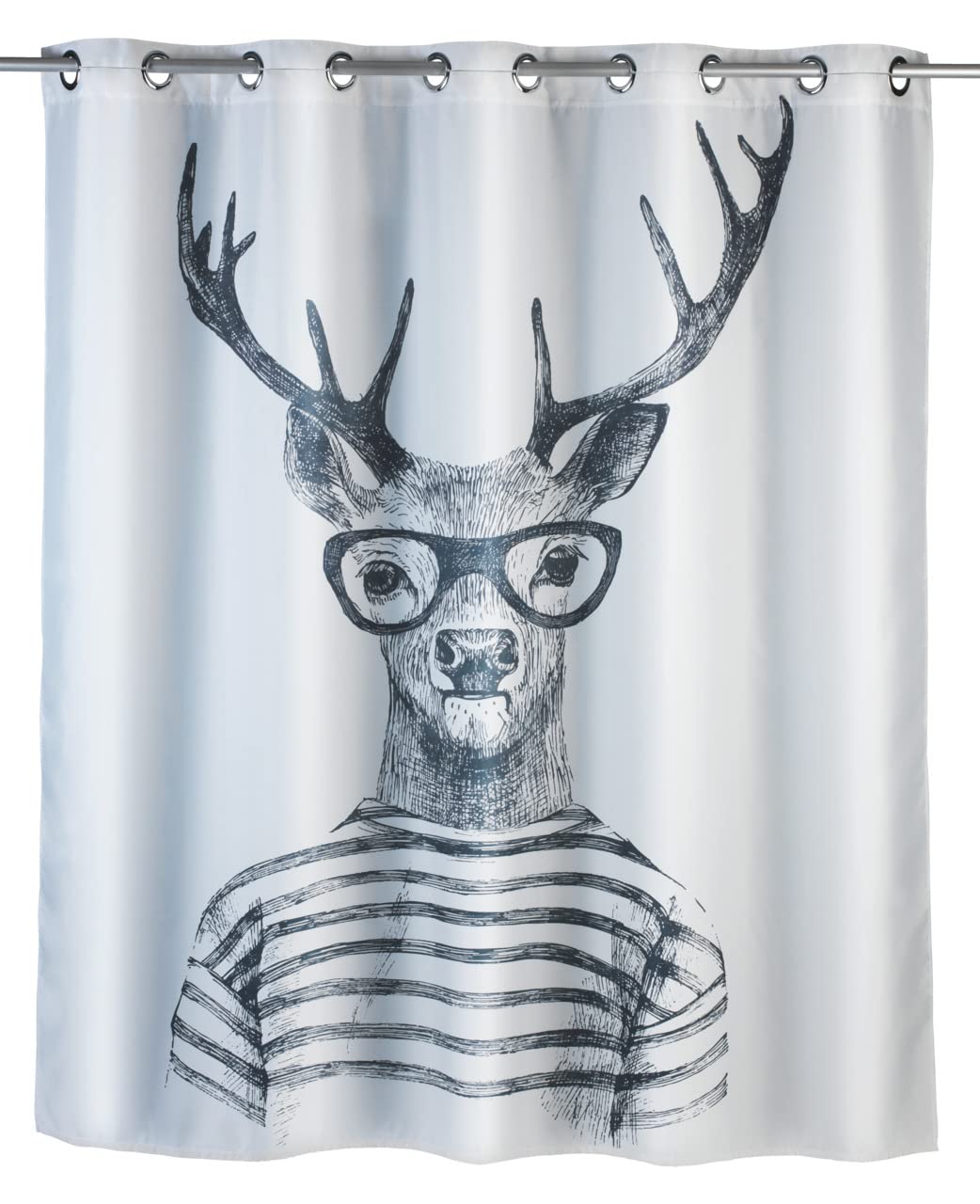 WENKO Anti-Schimmel Duschvorhang Mr.Deer Flex, Textil-Vorhang mit Antischimmel Effekt, große integrierte Ringe zur Befestigung an der Duschstange, waschbar,wasserabweisend, 180 x 200 cm