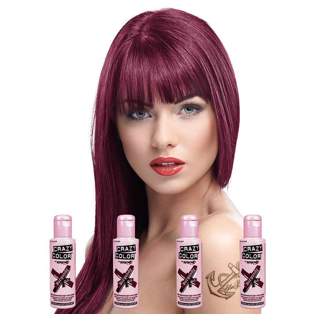 4 X Crazy Color Renbow Semi-Permanent Hair Colour Cream Dye 100ml Box of Four-Burgundy