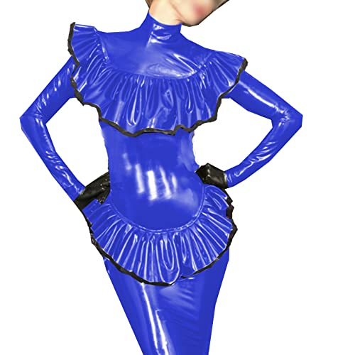 Women Ruffles Leather Pvc Evening Night Out Party Package Hip Event Dress,Blue,5XL