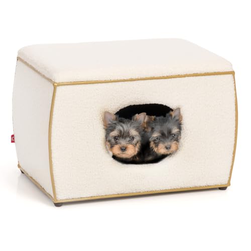 CanadianCat Company | Hundebett Nelson - Design-Hundehütte, Hundehaus inklusive Kissen für kleine Hunde | Teddy weiß-Gold | ca. 54 x 35 x 37,5 cm