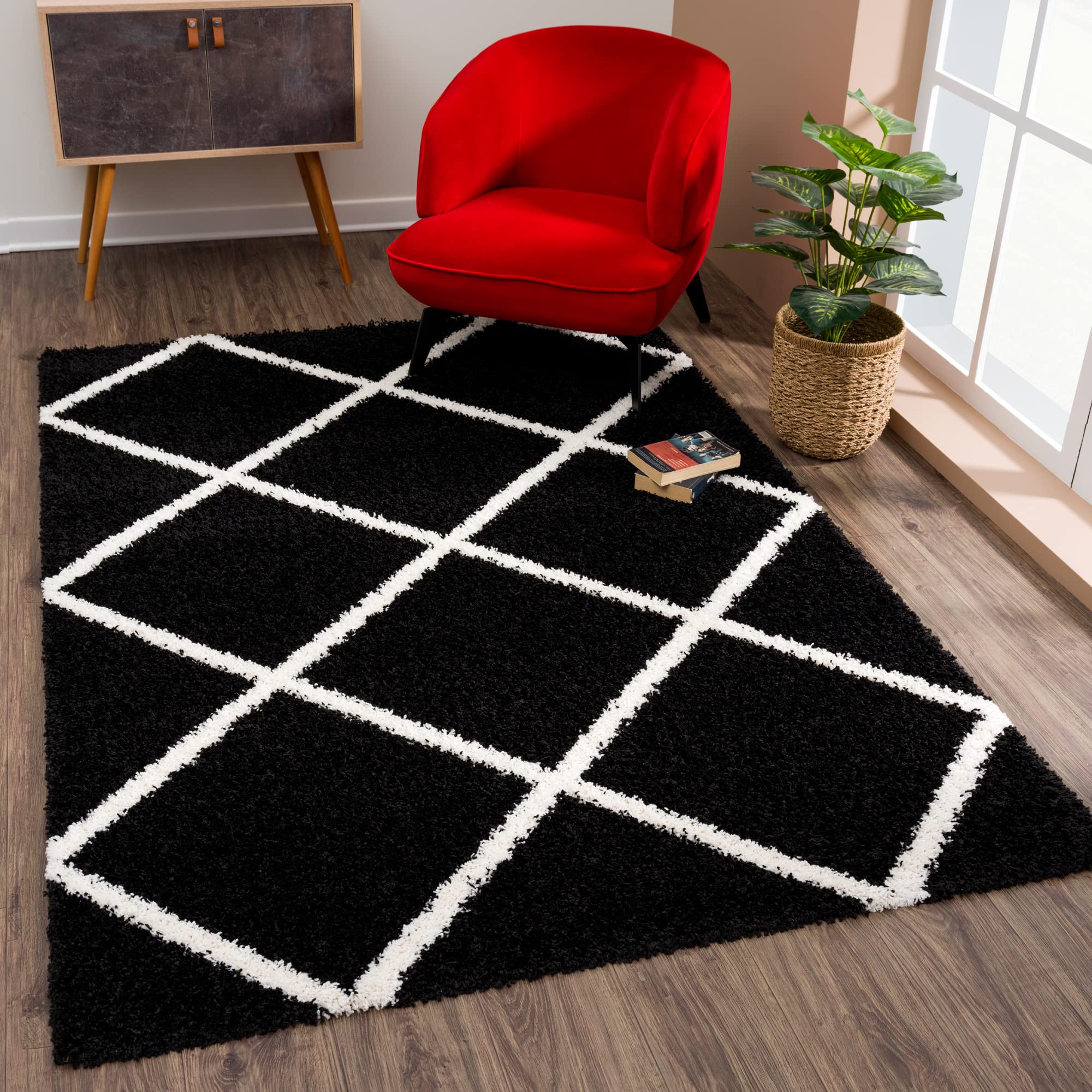 SANAT Madrid Shaggy Teppich - Hochflor Teppiche für Wohnzimmer, Schlafzimmer, Küche - Schwarz, Größe: 80x150 cm