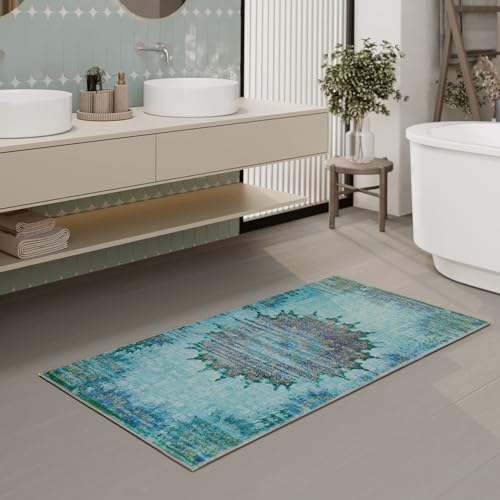 Waschbarer und Rutschfester Vintage Badezimmerteppich von WECONhome mit orientalischem Muster - Eleganz und Komfort für jedes Bad - Healing (60 x 100 cm, blau)