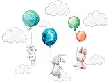 Szeridan Kaninchen Hase Ballons Wolken Wandtattoo Babyzimmer Wandsticker Wandaufkleber Aufkleber Deko für Kinderzimmer Baby Kinder Kinderzimmer Mädchen Junge Dekoration (100 x 200 cm, Mehrfarbig)