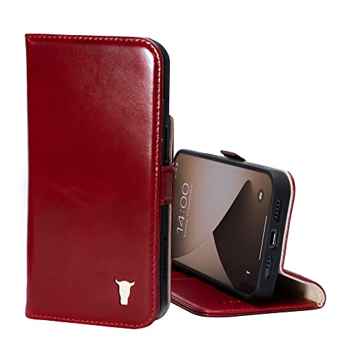 TORRO Handyhülle kompatibel mit iPhone 14 Pro - Echte Lederhülle mit Kartenfächern und horizontaler Standfunktion (Rot)