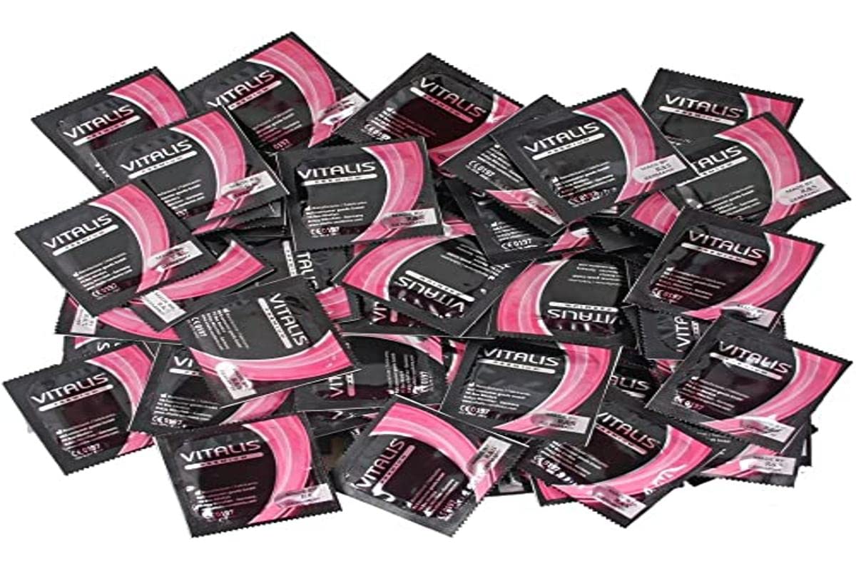 VITALIS 100 Kondome Pack Sensation mit Riefen & Noppen I Nennbreite 53 mm I Gefühlsechte rosafarbene Kondome I 100 Premium Kondome genoppt mit Riefen I Hauchzarte strukturierte Kondome