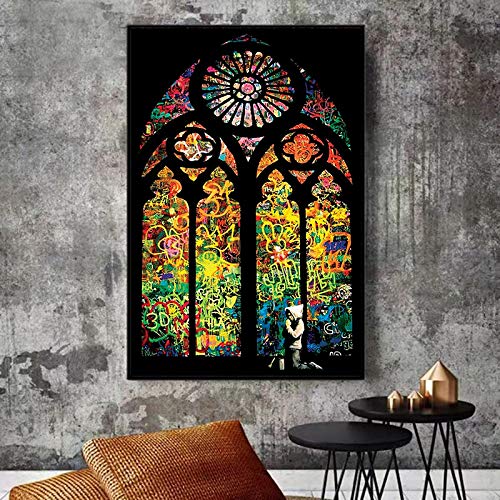 Banksy Stained Glass Window Church Canvas Painting Modern Prints and Posters Wall Art Pictures for Living Room Home Decor 60x90cm Frameless