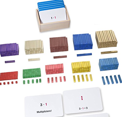 Montessori Rechenstäbchen zum Lernen der Multiplikation mit Lernkartei, 100 Karten mit Selbstkontrolle