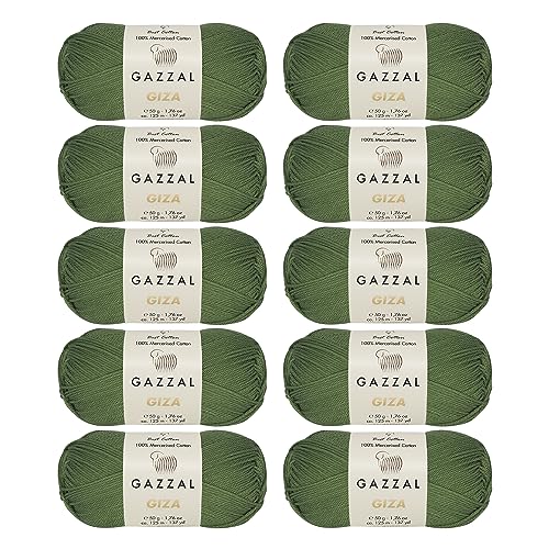 10 Knäuel (Packung) Gazzal Giza, 100 % merzerisierte Baumwolle, je 50 g, weich, fein 2, Olivgrün – 2462