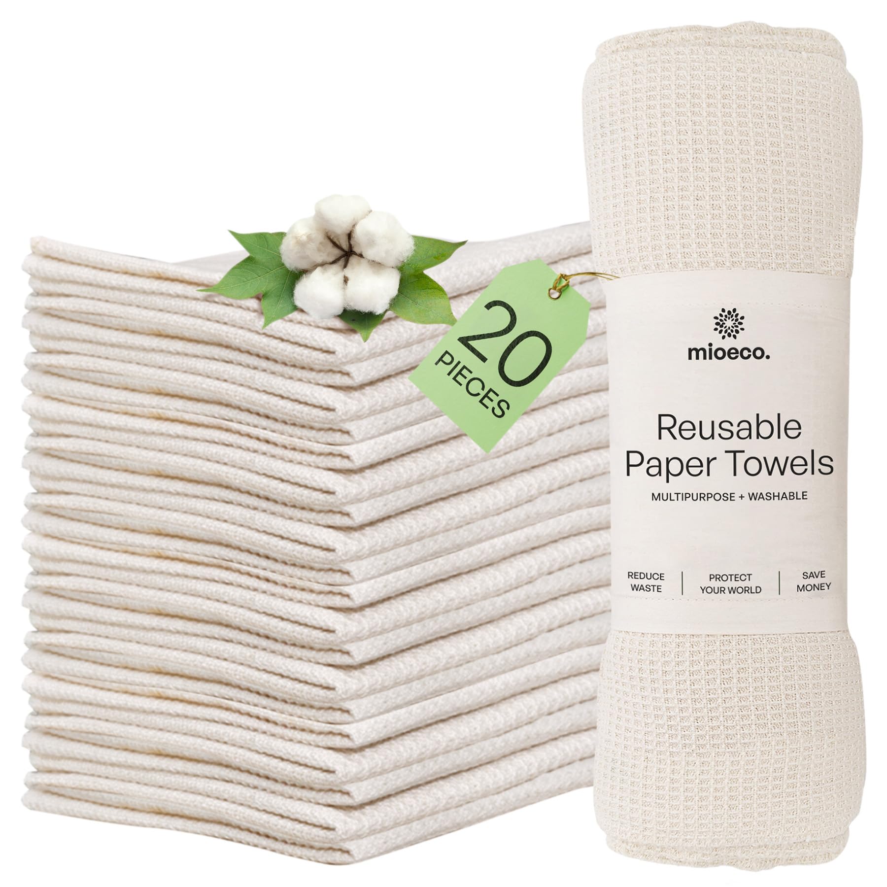 Mioeco 20-Pack Wiederverwendbare Papierhandtücher, waschbar – Alternative aus Bio-Baumwolle, Bambus – Dicke, Starke, papierlose Küchen-Geschirrtücher – Wiederverwendbare Servietten – Geschirrtücher