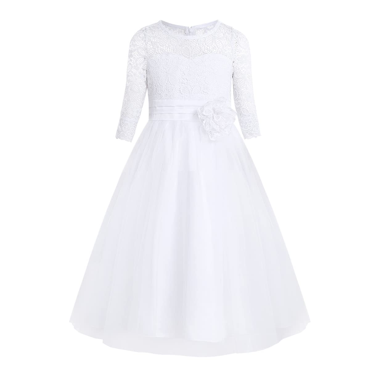 iixpin Mädchen Prinzessin Kleid Halb-Arm Weiß Kommunionkleid Party Kleid Spitze Festlich Festzug Brautjungfernkleid 104-164 Weiß 128