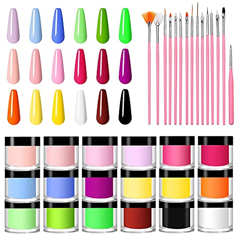 NAUXIU Acrylpuder-Set, 18 Farben, für Nagelkunst, Dekoration, farbiges Acryl-Nagelpuder mit 15 Pinseln, DIY-Design, Maniküre, Verlängerung für Anfänger