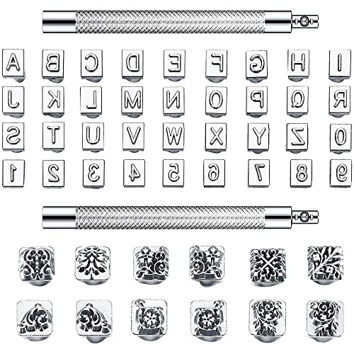 BLASHRD 50 Stück Buchstaben und Zahlen Stempelset 6 mm Alphabet Leder Stanzstempel Metall Blumenmuster Stempel Werkzeuge mit Griff