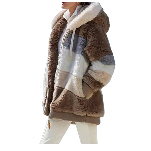 Bkebge Casual Fleece Jacke Hoodies Warme Flauschige Mantel Faux Full Zip Fuzzy Langarm Sweatshirt Outwear Übergangsjacke mit Kapuze Herbst Winter jacke (06-B-Brown, L)