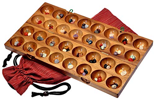Hus - Bao - Kalaha - Bohnenspiel - Muschelspiel - Edelsteinspiel aus Samena-Holz inkl. 75 Edelsteinen und Stoffbeutel