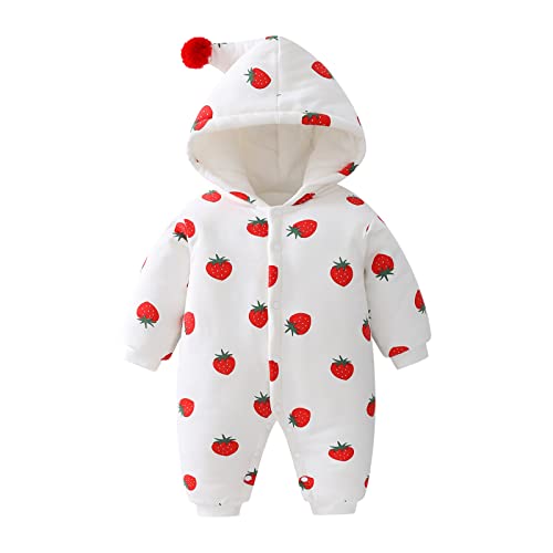 Baby Overall Winter Strampler mit Kapuze Erdbeere Jumpsuit Baby Mädchen Body Baumwolle Kleidung 9-12 Monate, Weiß
