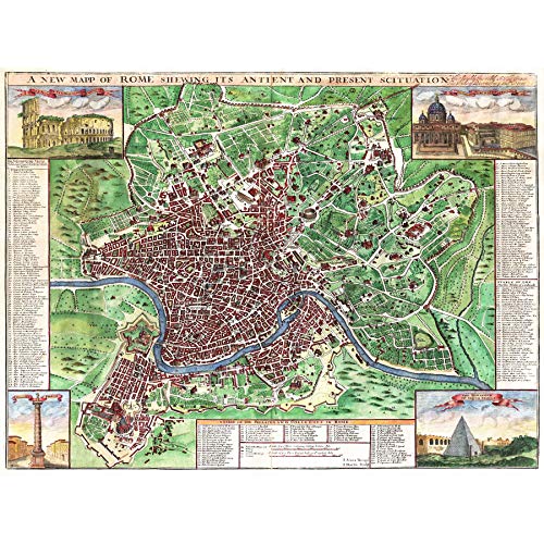 Wee Blue Coo Kunstdruck auf Leinwand, Motiv: Landkarte, antiker Stadtplan, Rom, Italien, John Senex