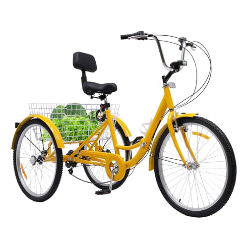 NaMaSyo Dreirad für Erwachsene 24 Zoll Klappbar 3-Räder 7-Gang-Dreirad Adult Fahrrad Faltbares Erwachsenendreirad mit Rückenlehne und Einkaufskorb für Outdoor Sports aus Aluminiumlegierung LED (Gelb)